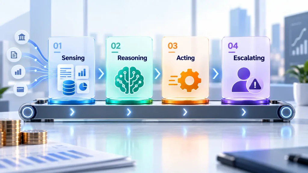 AI agent architecture diagram for finance showing sensing, reasoning, acting, and escalating steps.