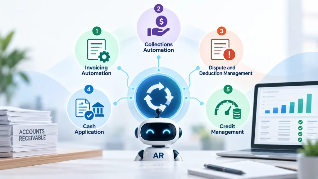 AR automation workflow diagram showing invoice, collection, dispute, cash application, and reconciliation steps