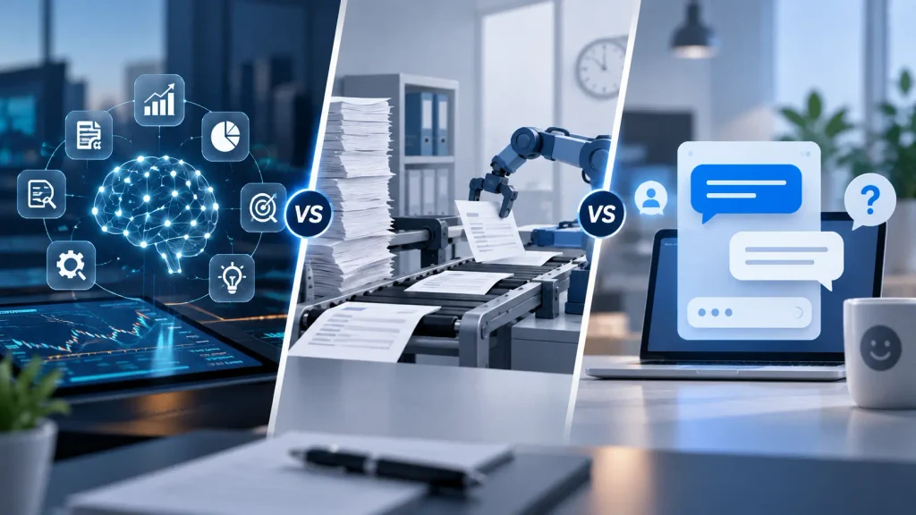Comparison chart showing differences between AI agents, RPA and chatbots for finance