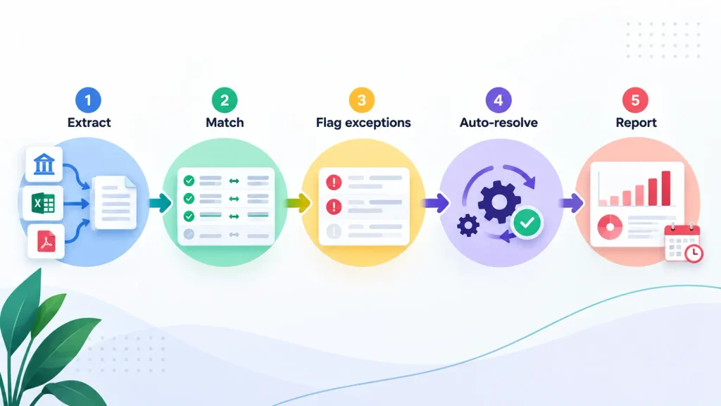 Reconciliation automation workflow diagram showing extract, match, flag exceptions, auto-resolve, and report steps