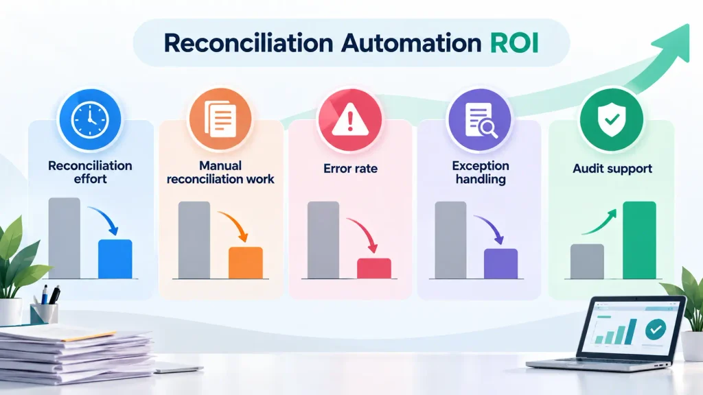 Manual vs automated reconciliation time comparison chart showing days saved per month
