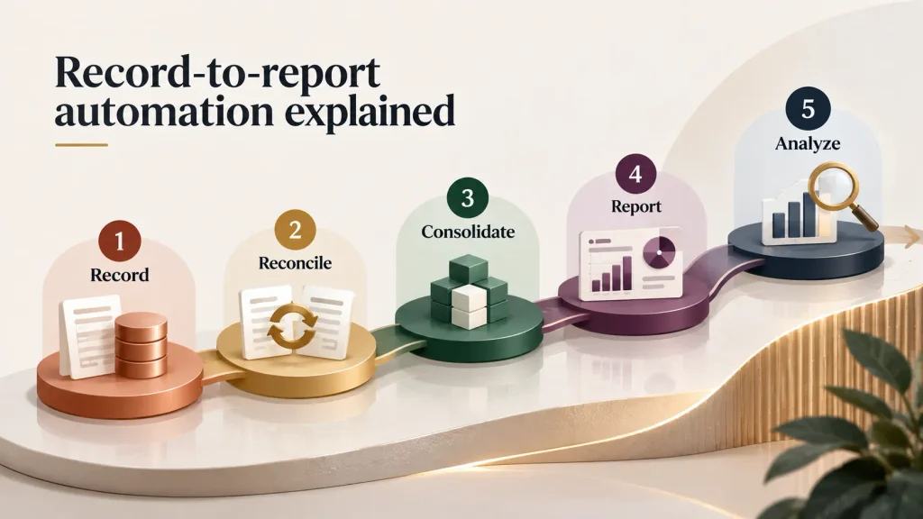 Record-to-report process flow diagram showing record, reconcile, consolidate, report, and analyze steps