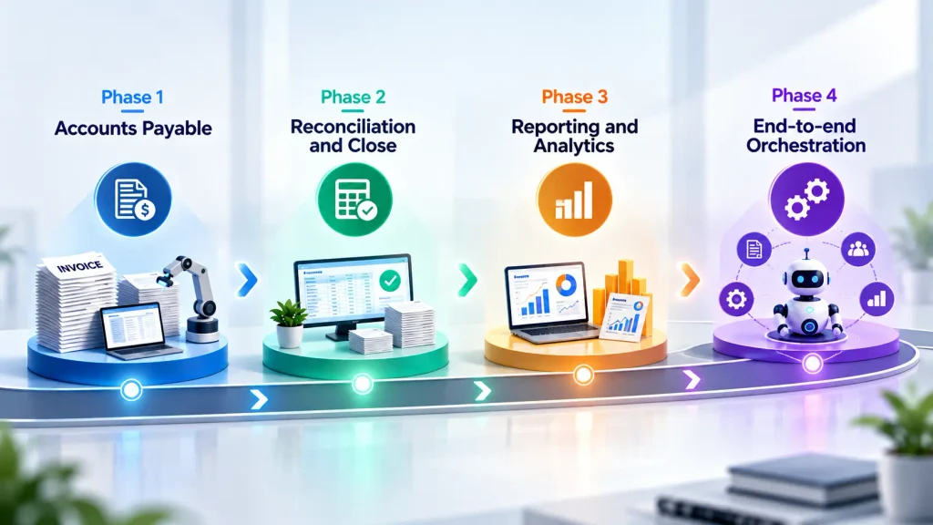Shared services automation roadmap showing four phases from AP automation to end-to-end orchestration.