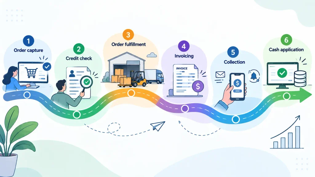 O2C process flow diagram showing order, credit, fulfillment, invoice, collection, and cash application steps