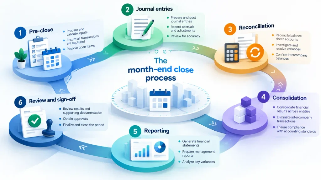 Month-end close timeline comparison showing manual 10 days vs automated 3 days