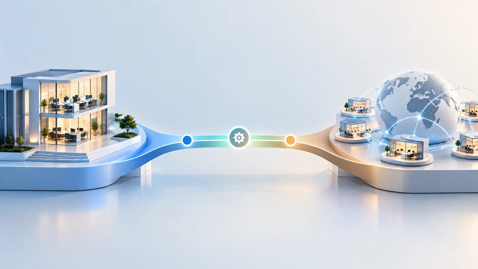 Captive GBS vs outsourced BPO, illustrating in-house operations connected to a global network of outsourced service providers.
