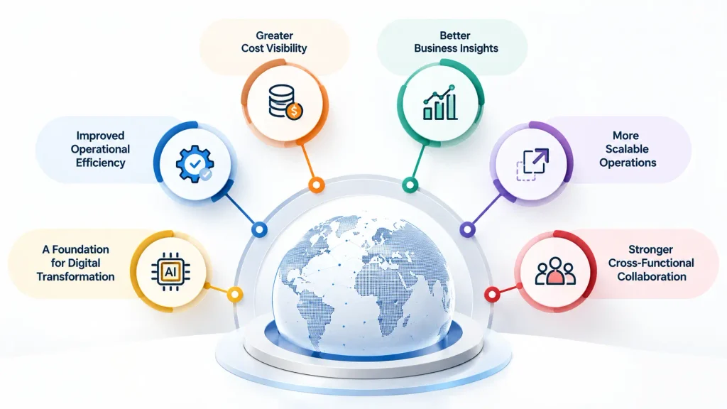 Global Business Services benefits infographic showing six key advantages for businesses.