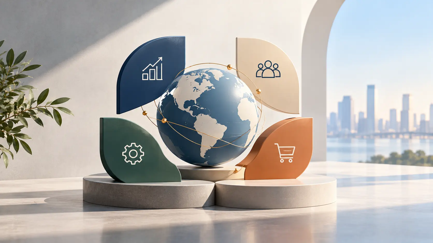 Global Business Services concept featuring a central globe connected to analytics, HR, operations, and procurement.