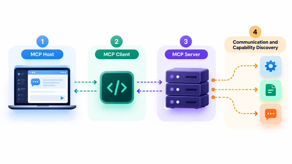 How Model Context Protocol works, showing the MCP host, client, server, and communication and capability discovery process.