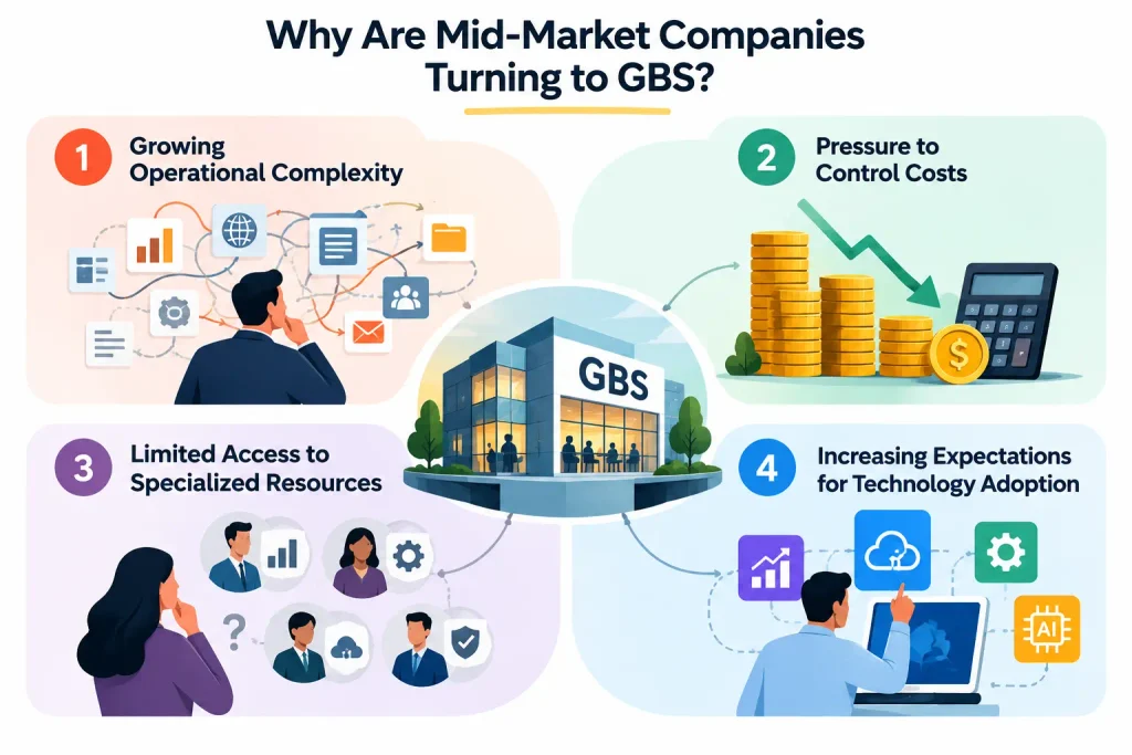 Infographic showing four reasons mid-market companies adopt GBS