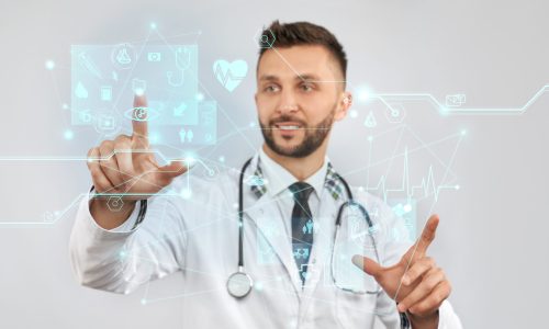 smiling doctor using virtual 3d projection scaled